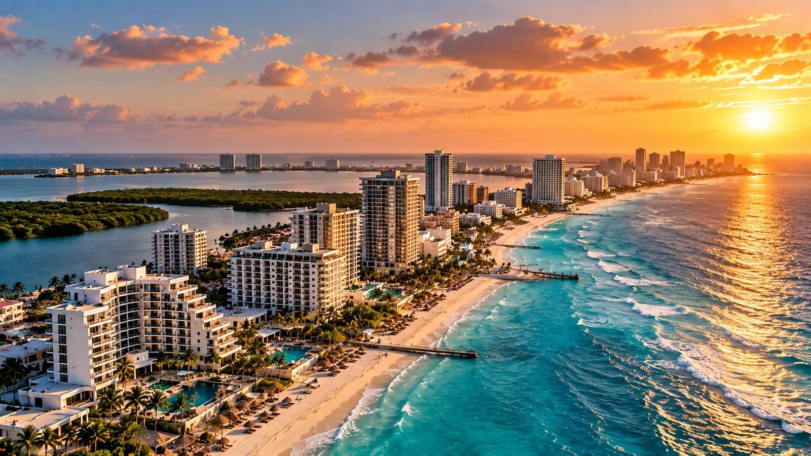 Vista aérea de la zona hotelera de Cancún al atardecer