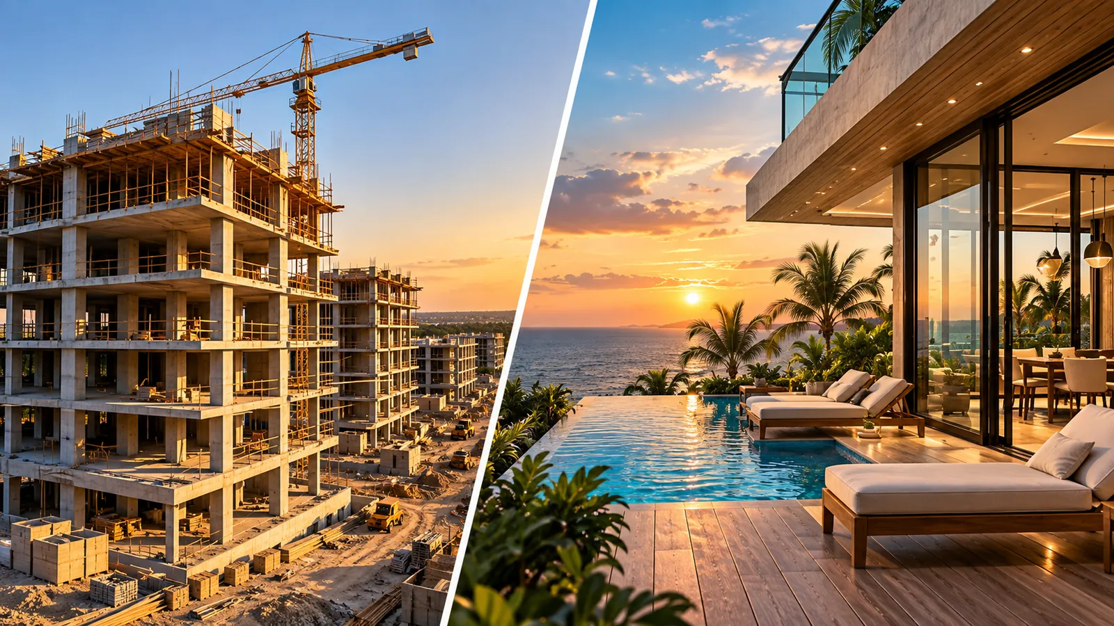Un edificio en construcción junto a un departamento terminado con alberca frente al mar