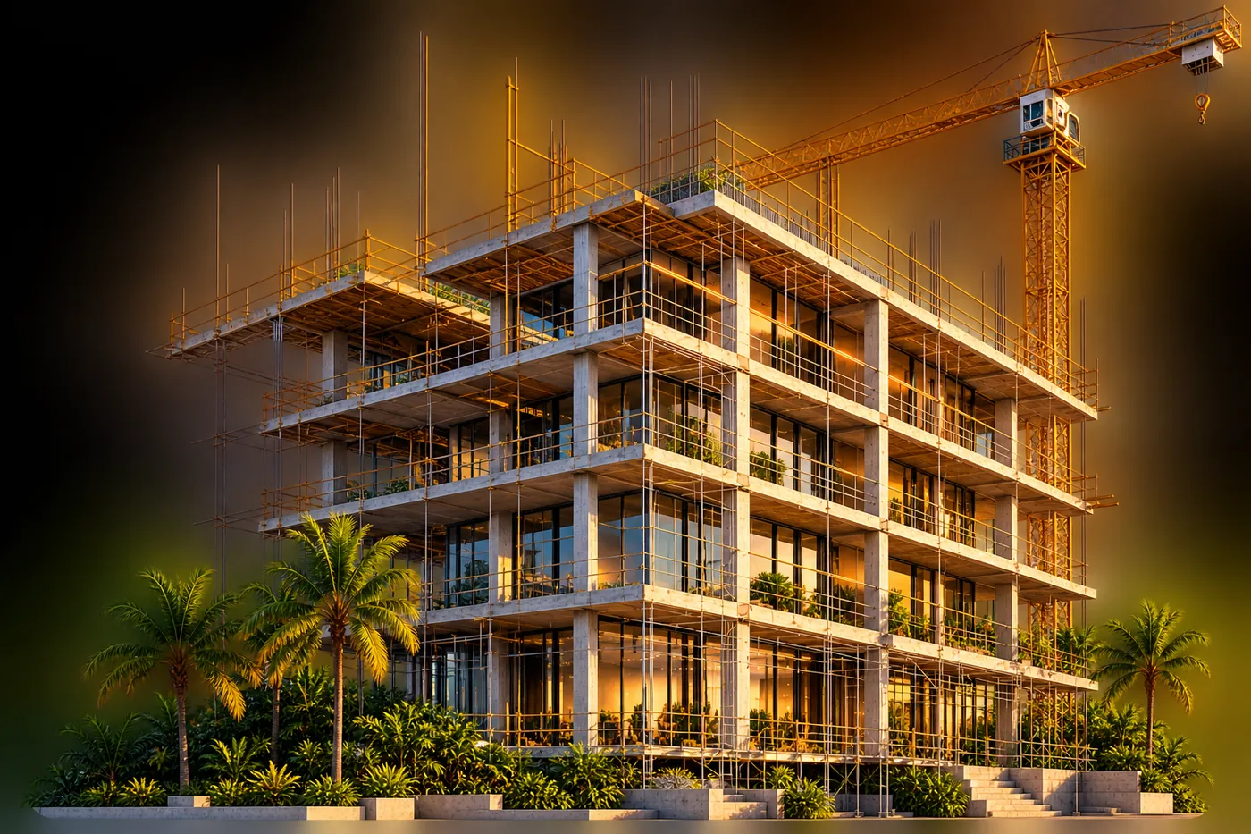 Edificio en obra gris con grúa y palmeras al atardecer
