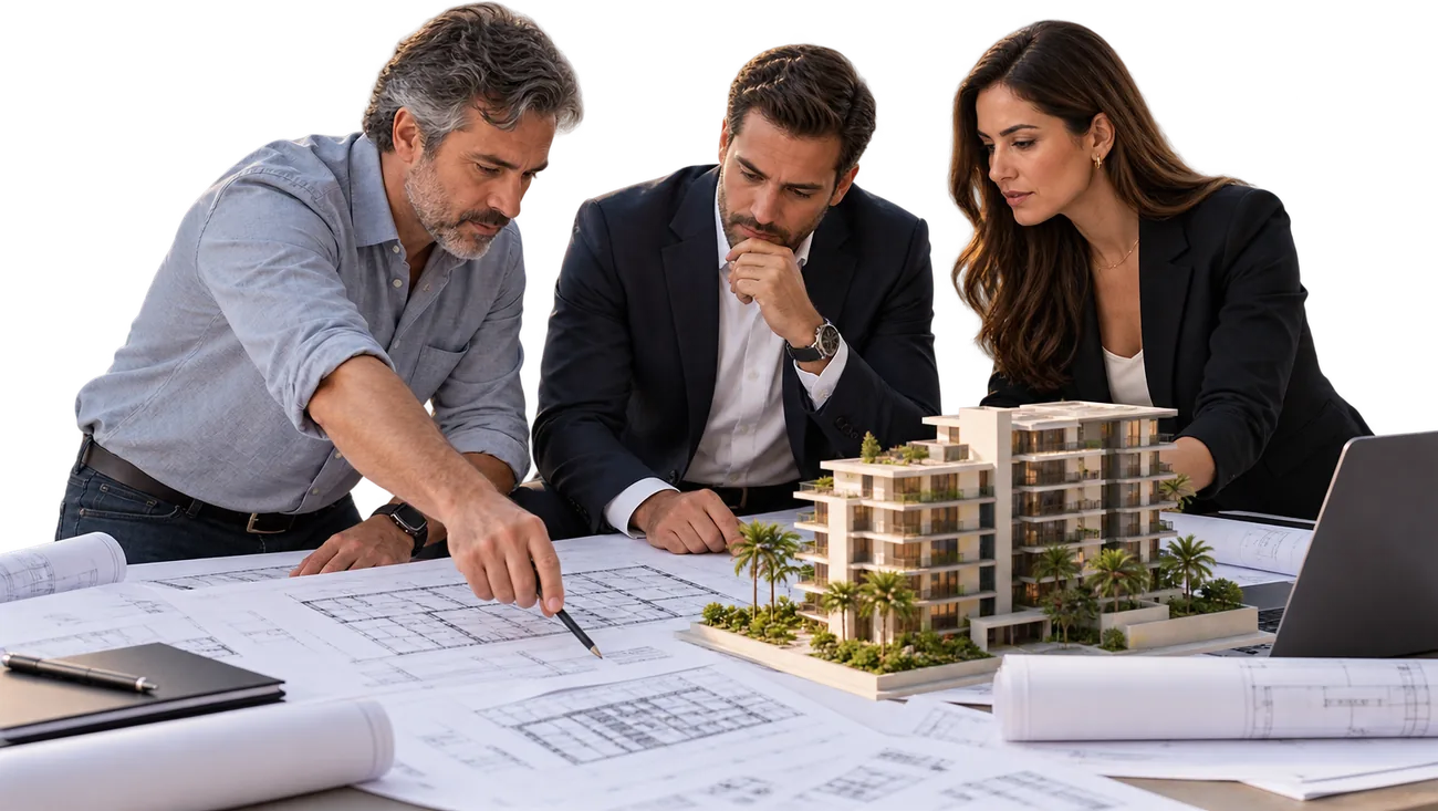 Desarrolladores revisando planos y la maqueta de un proyecto